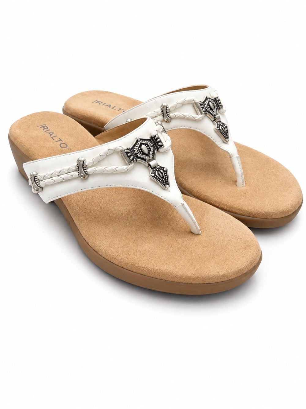 Rialto White Braided Thong Sandals with Silver Accents